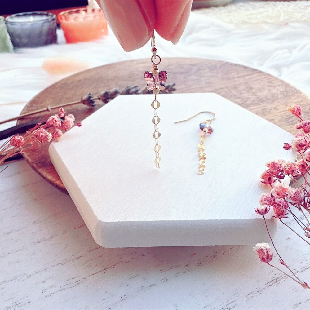 14k Gold-Filled Crystal Butterfly Gold Chain Earrings | Handmade in BC